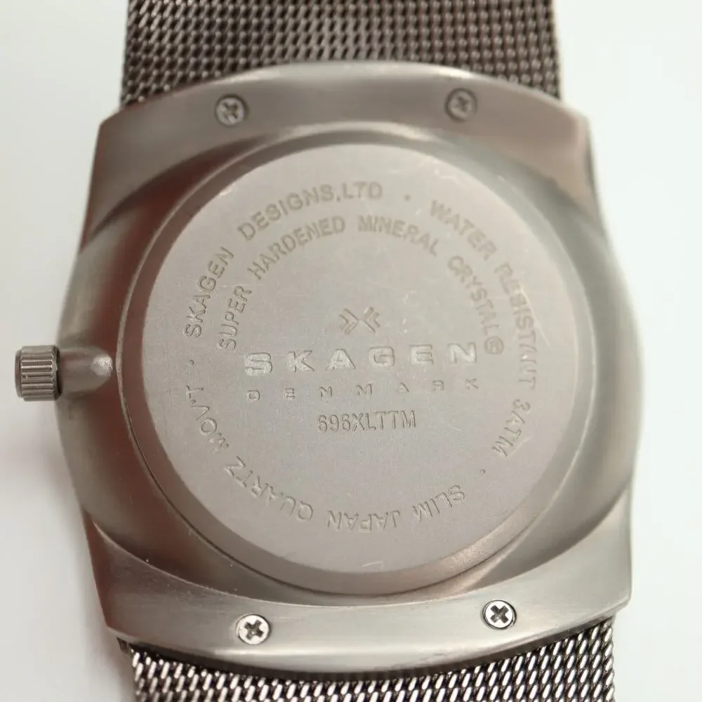 Skagen Denmark Mens 40mm Titanium Day Date Watch Mesh Bracelet w New Battery